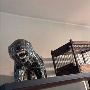 Abalone Inlay Ceramic Tiger Figurine - Iridescent Green-Blue